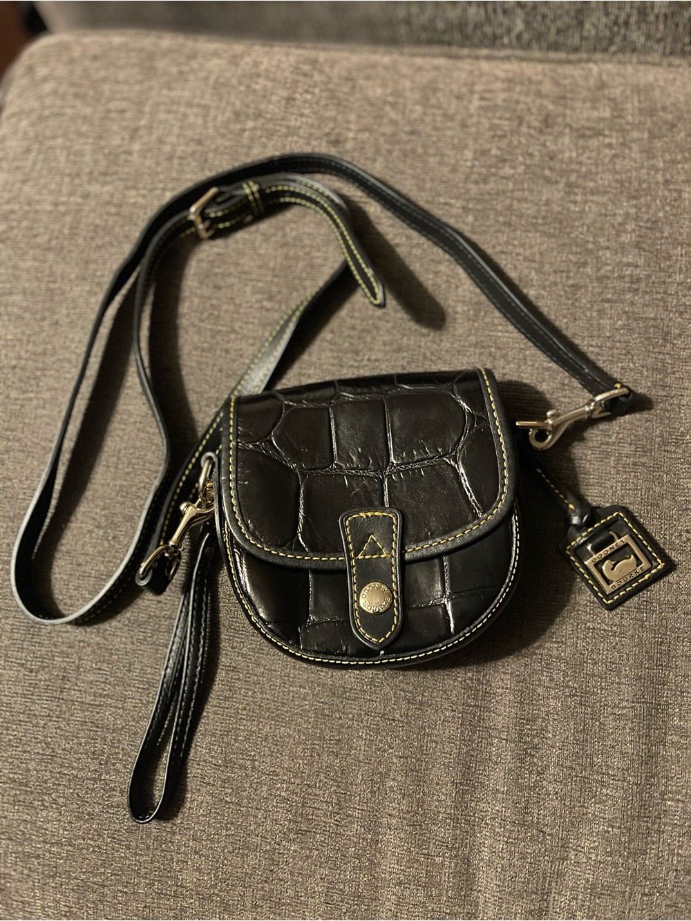 Dooney & Bourke Black Croc-Embossed Crossbody with Yellow Contrast Stitching